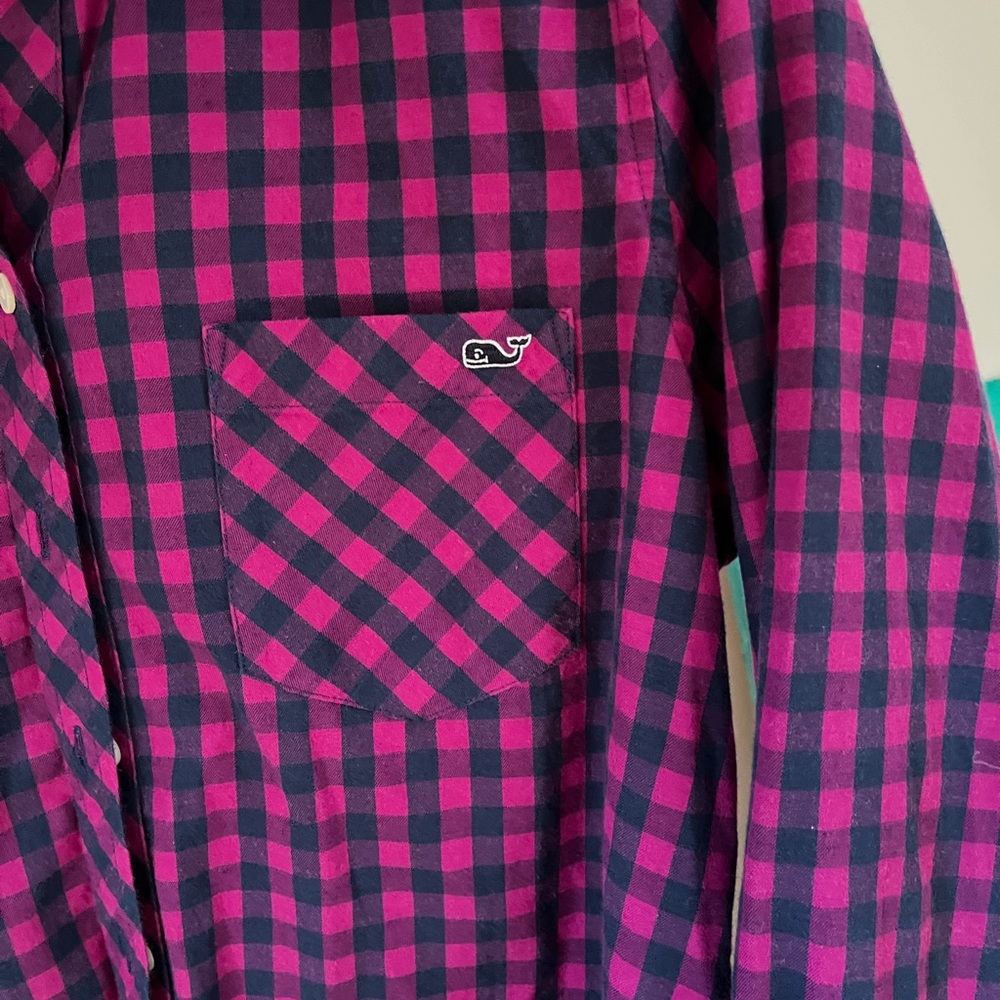 Vineyard Vines Fuchsia and Navy Plaid Cashmere Blend Shirt Sz 10 - Picture 3 of 5